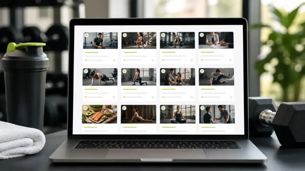 Laptop showing a grid of online personal training course modules beside gym equipment.