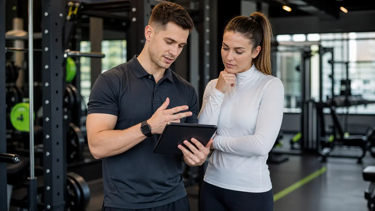 Fitness educator reviewing coaching material on a tablet with a student in a modern gym.