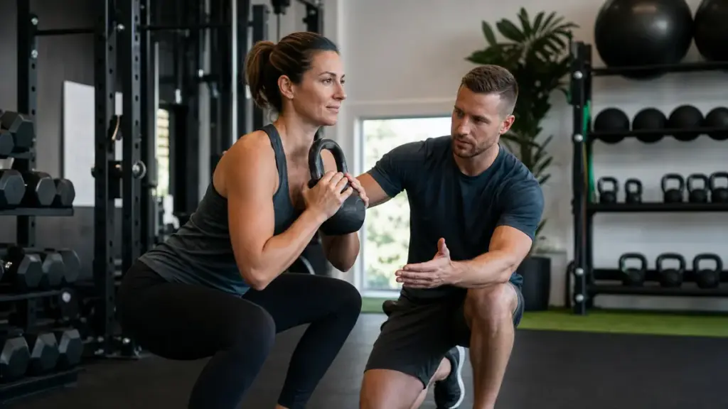 Personal trainer coaching a client through a kettlebell squat in a modern gym.